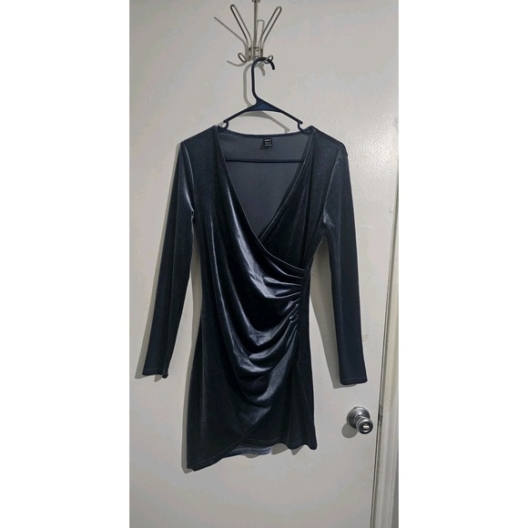 SHEIN Dresses & Skirts - Shein Gray Velvet Wrap Dress Women M Sz 6  Holiday Party Festive Minimalist